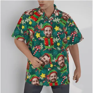 Funny Custom Face Christmas Elf Tropical Hawaiian Shirt