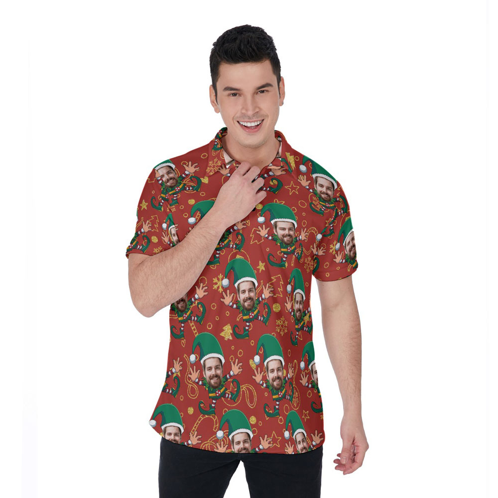 Funny Custom Face Christmas Elf Hawaiian Polo Shirt For Men