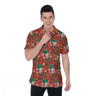 Funny Custom Face Christmas Elf Hawaiian Polo Shirt For Men