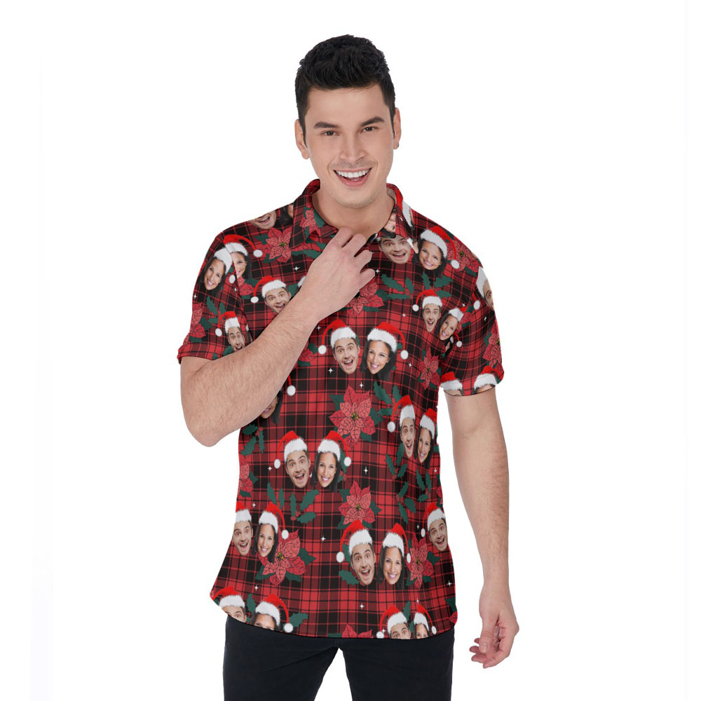 Funny Custom Multiple Faces Christmas Buffalo Plaid Hawaiian Polo Shirt - variant image 1