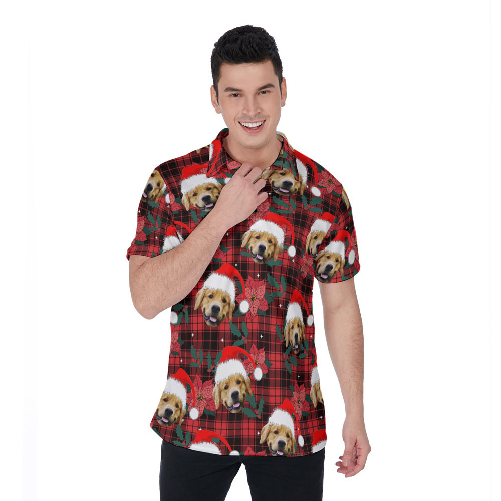 Buffalo Plaid Poinsettia Christmas Hawaiian Polo Shirt With Custom Dog Face - variant image 1