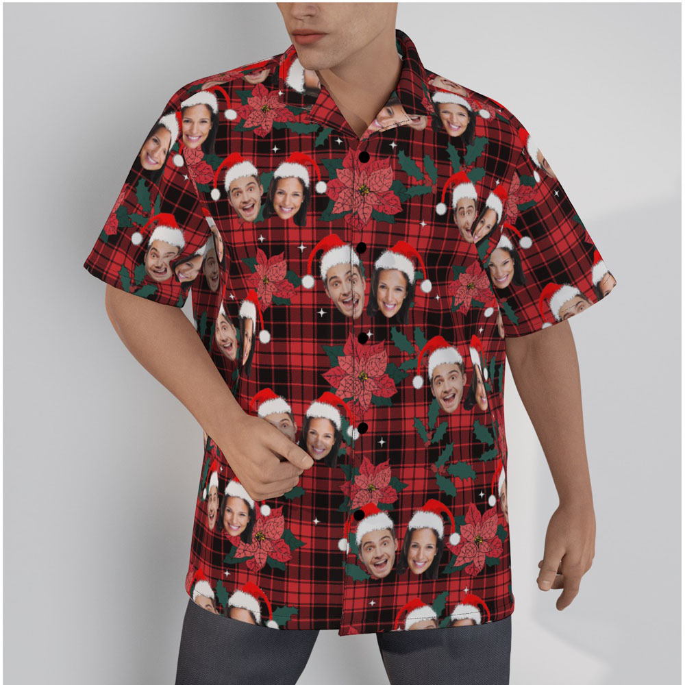 Funny Custom Christmas Buffalo Plaid Hawaiian Shirt With Couple Faces - variant image 1