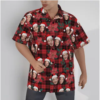 Funny Custom Christmas Buffalo Plaid Hawaiian Shirt With Couple Faces