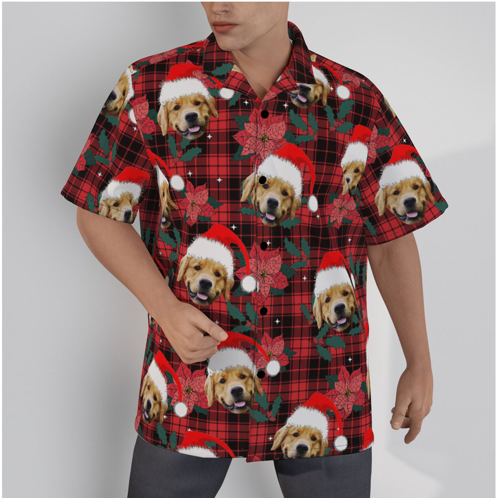 Funny Custom Dog Face Christmas Floral Buffalo Plaid Hawaiian Shirt - variant image 1