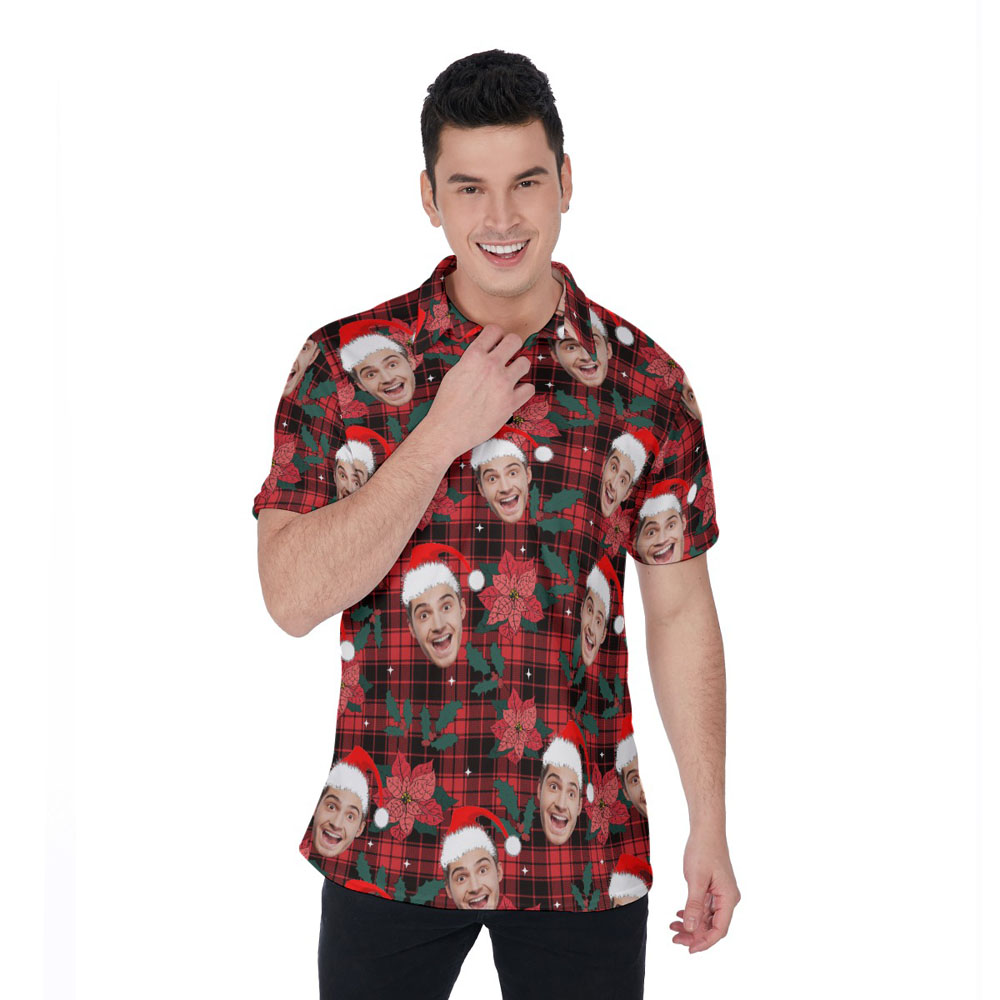 Funny Custom Face Floral Buffalo Plaid Christmas Hawaiian Polo Shirt - variant image 1
