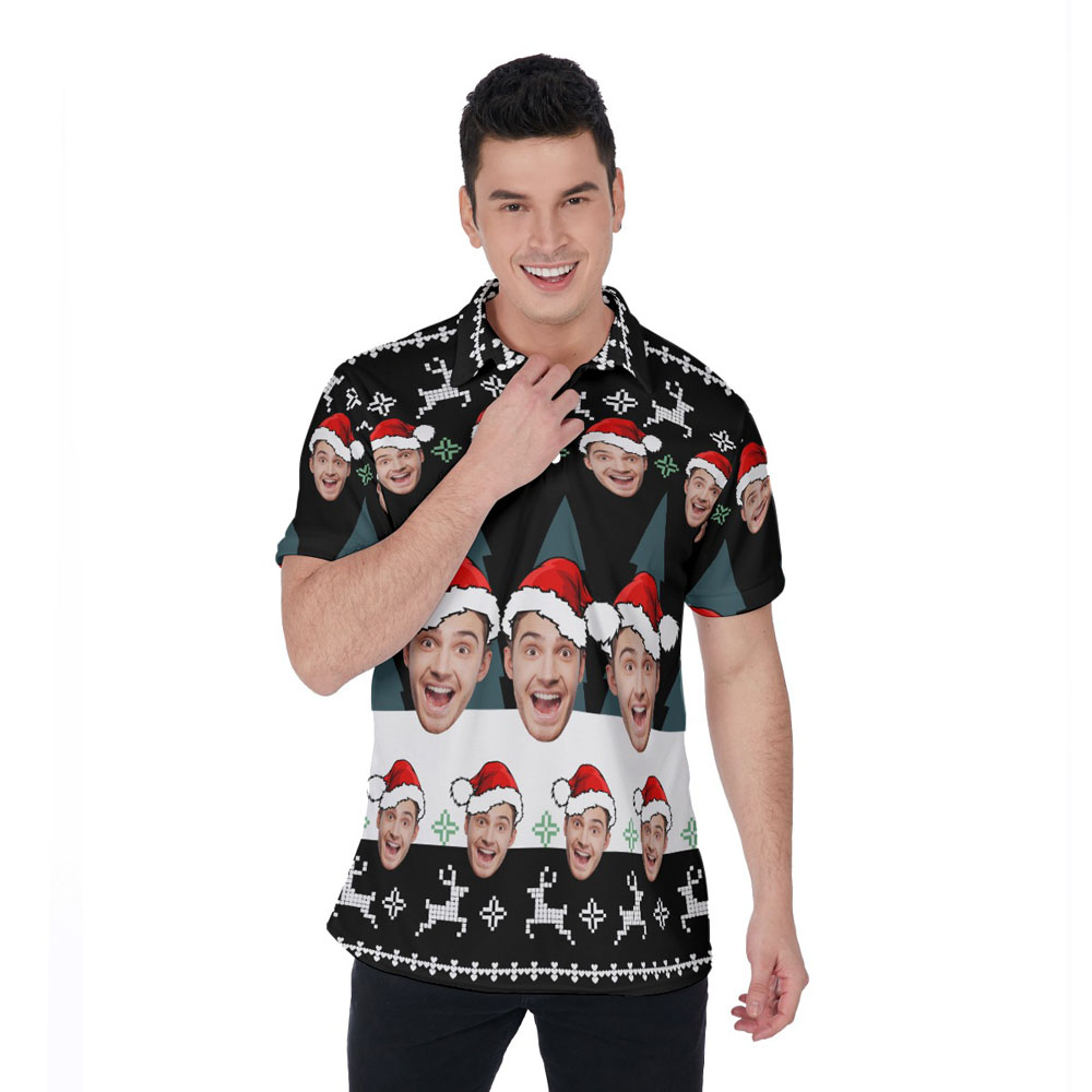 Custom Face Hawaiian Polo Shirt With Ugly Christmas Patterns - variant image 1