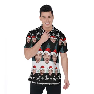 Custom Face Hawaiian Polo Shirt With Ugly Christmas Patterns