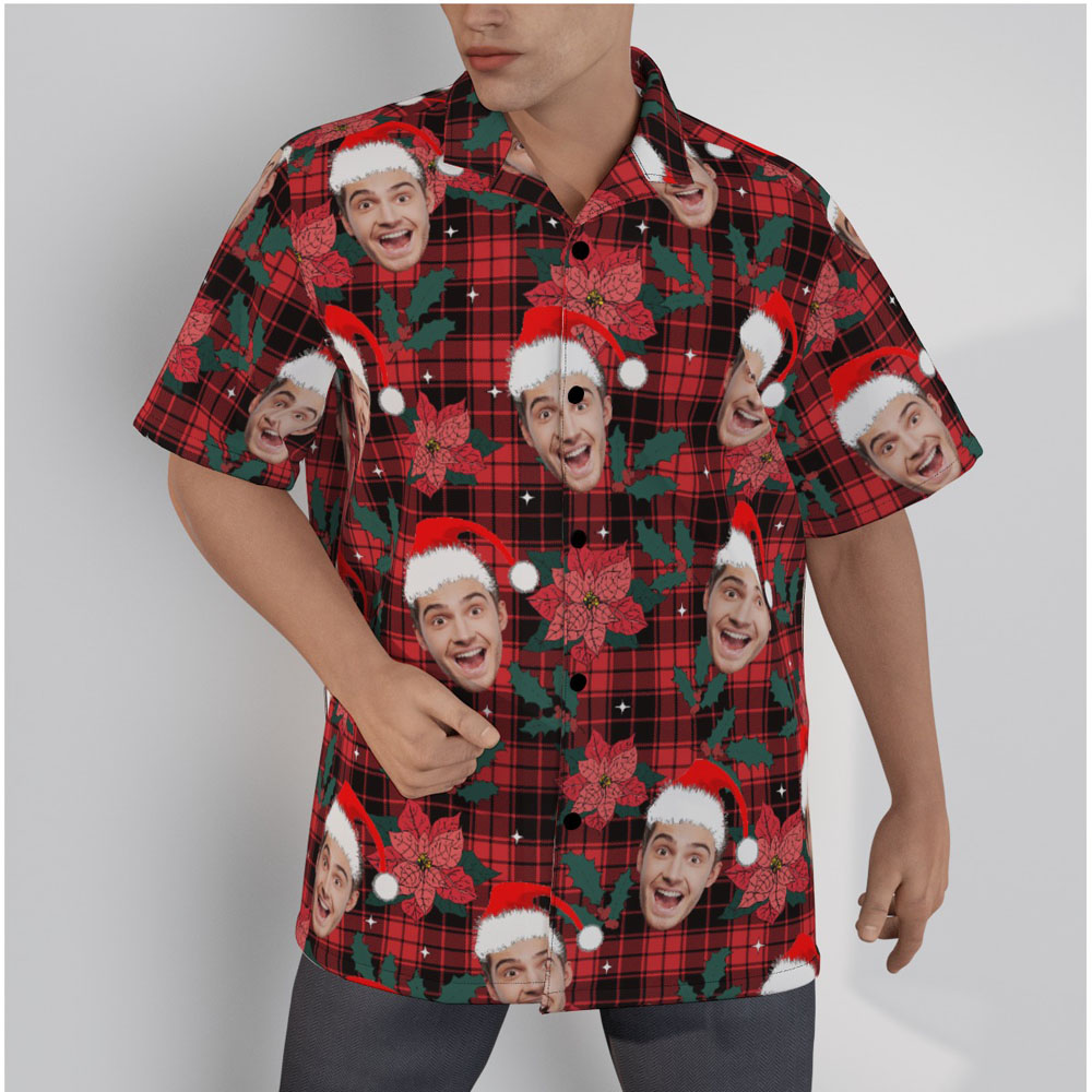 Custom Face Buffalo Plaid Poinsettia Red Christmas Hawaiian Shirt - variant image 1