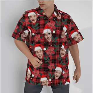 Custom Face Buffalo Plaid Poinsettia Red Christmas Hawaiian Shirt