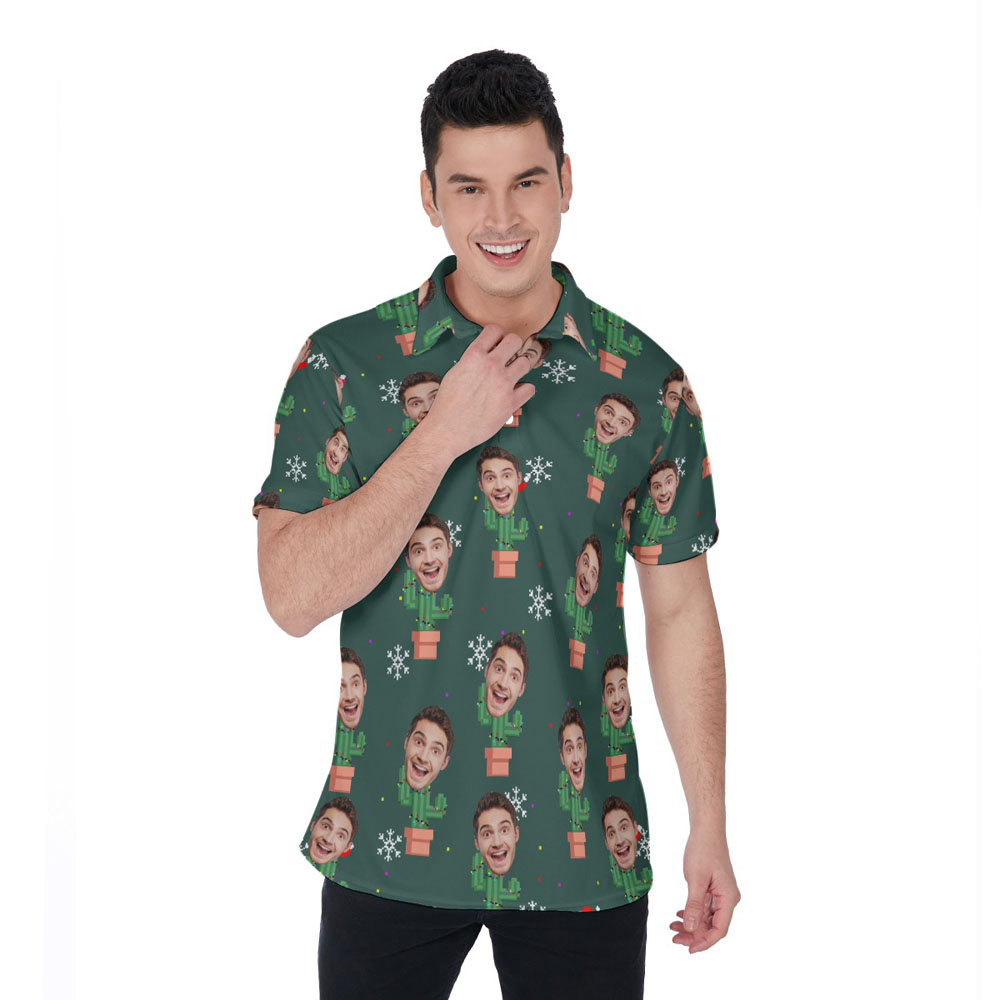 Funny Custom Face Christmas Cactus Hawaiian Polo Shirt For Men - variant image 1