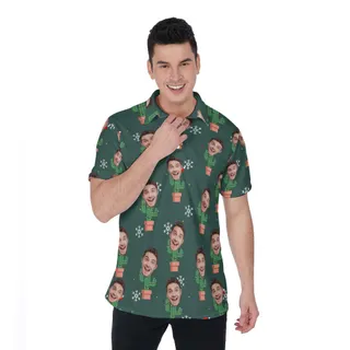 Funny Custom Face Christmas Cactus Hawaiian Polo Shirt For Men