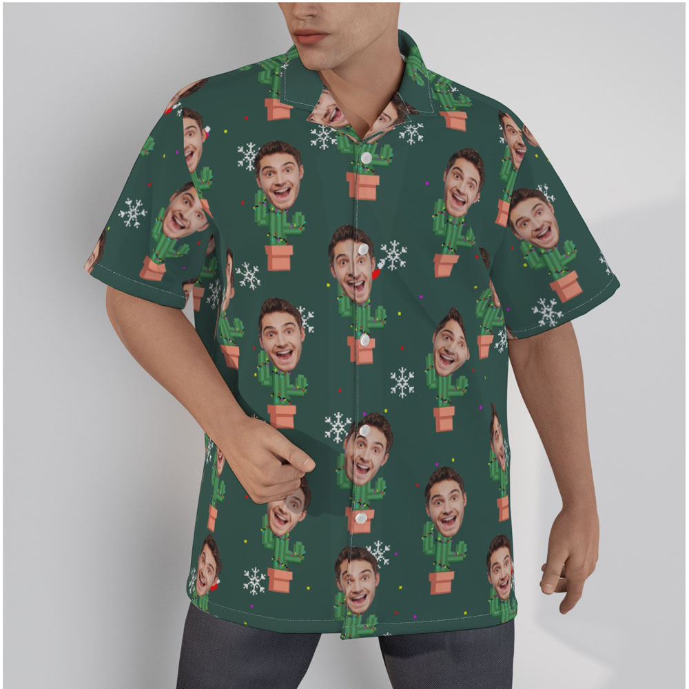 Custom Face Christmas Cactus Green Hawaiian Shirt - variant image 1