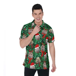 Funny Custom Cat Face Tropical Christmas Hawaiian Polo Shirt