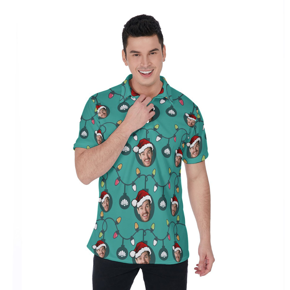 Funny Custom Face With Christmas Decorations Hawaiian Polo Shirt For Men - variant image 1
