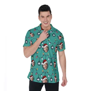 Funny Custom Face With Christmas Decorations Hawaiian Polo Shirt For Men