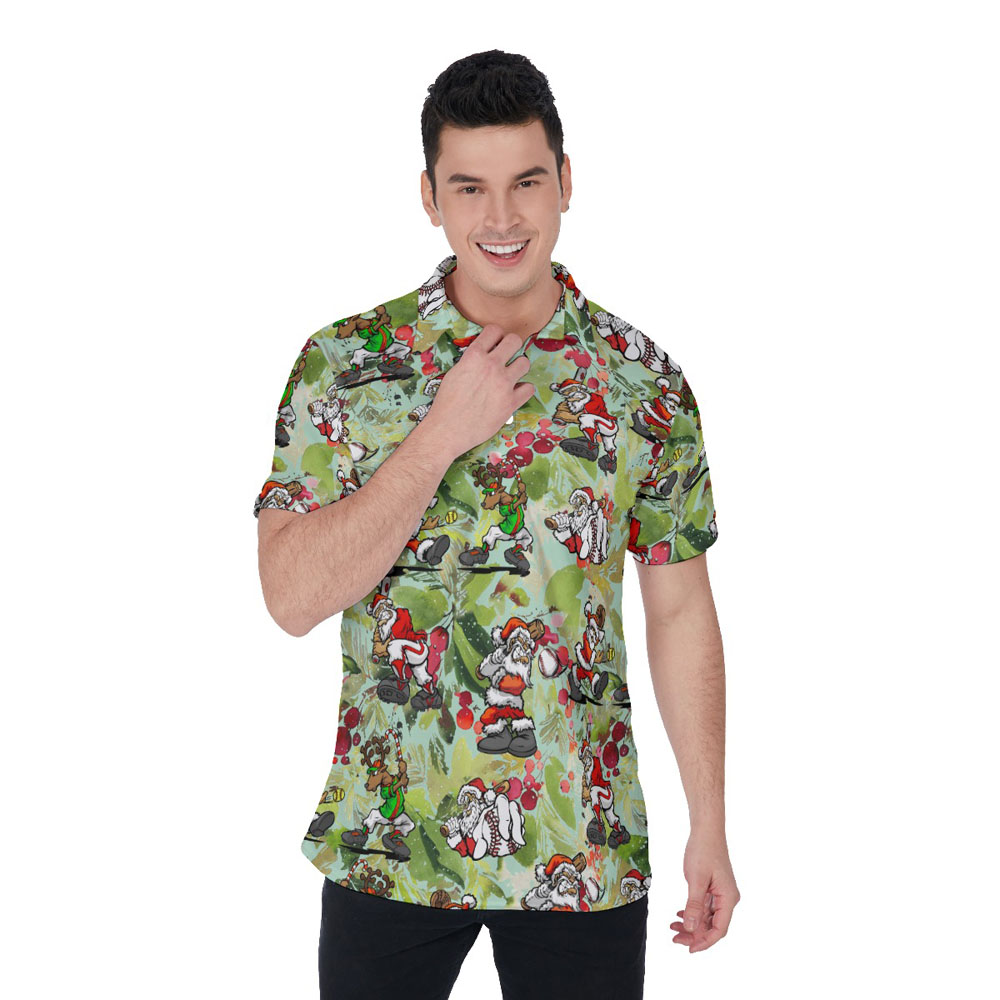 Santa Claus Playing Baseball Tropical Green Christmas Hawaiian Polo Shirt - variant image 1