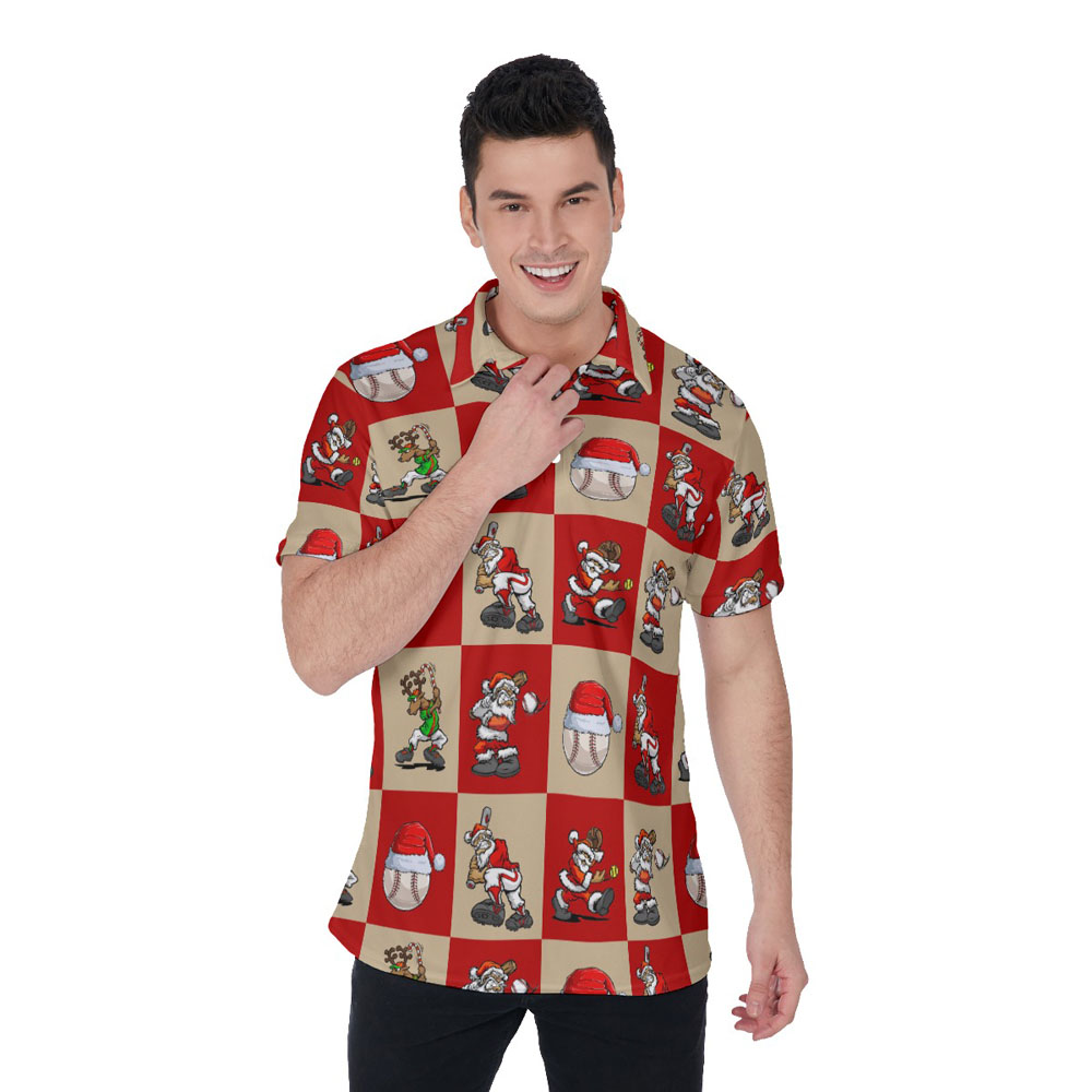 Funny Christmas Santa Playing Baseball Christmas Hawaiian Polo Shirt For Men - variant image 1