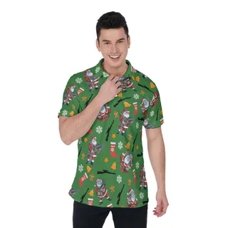 Cool Tactical Santa With Gun Christmas Hawaiian Polo Shirt For Men