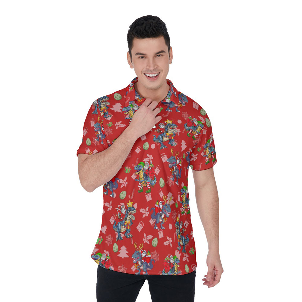 Funny Christmas Santa Riding Dinosaur Hawaiian Polo Shirt - variant image 1