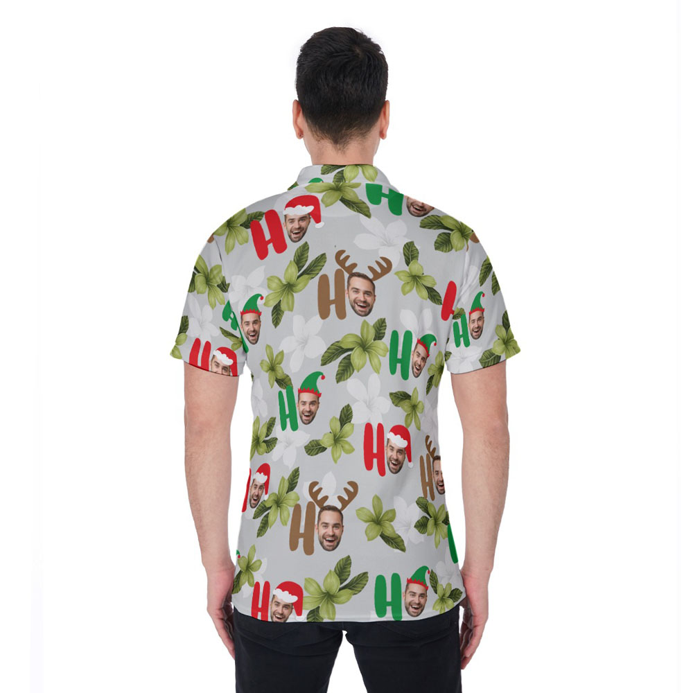 Custom Face Ho Ho Ho Floral Christmas Hawaiian Polo Shirt For Men