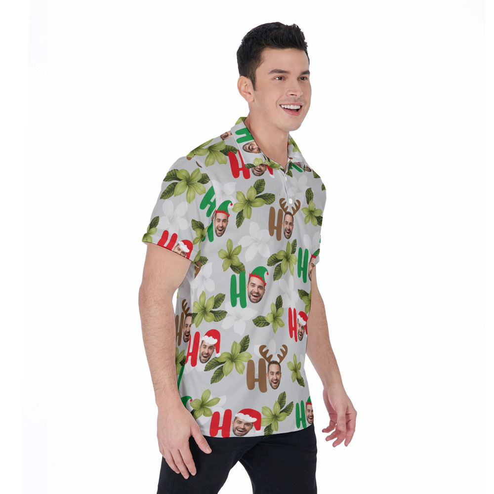 Custom Face Ho Ho Ho Floral Christmas Hawaiian Polo Shirt For Men