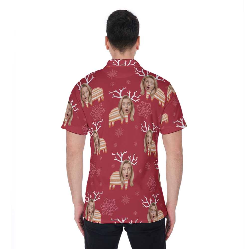 Funny Custom Face Christmas Reindeer Hawaiian Polo Shirt