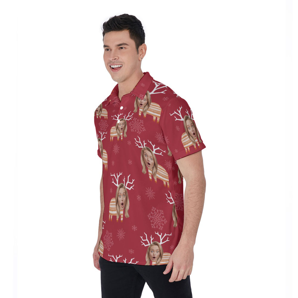 Funny Custom Face Christmas Reindeer Hawaiian Polo Shirt