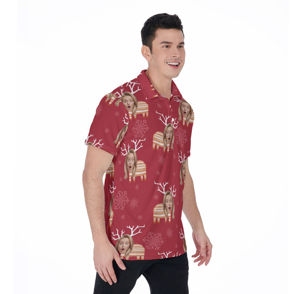 Funny Custom Face Christmas Reindeer Hawaiian Polo Shirt