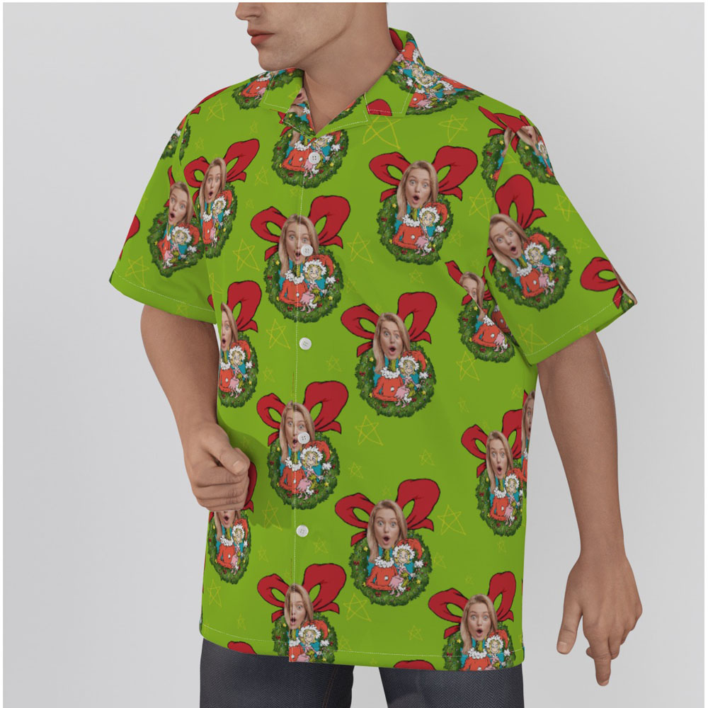 Funny Custom Face Men's Green Christmas Hawaiian Shirt