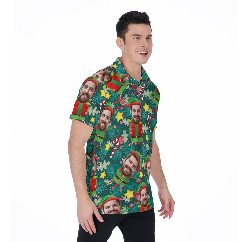 Funny Custom Face Elf Christmas Tropical Hawaiian Polo Shirt