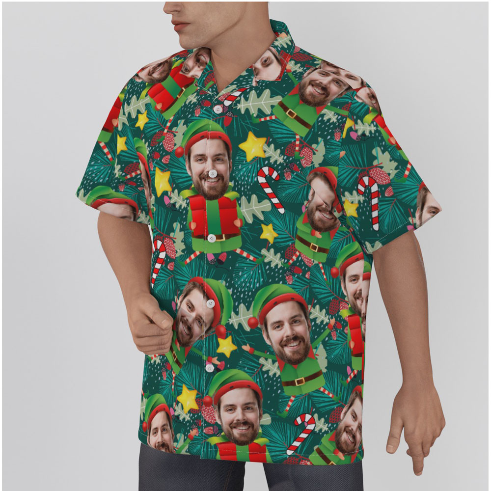 Funny Custom Face Christmas Elf Tropical Hawaiian Shirt