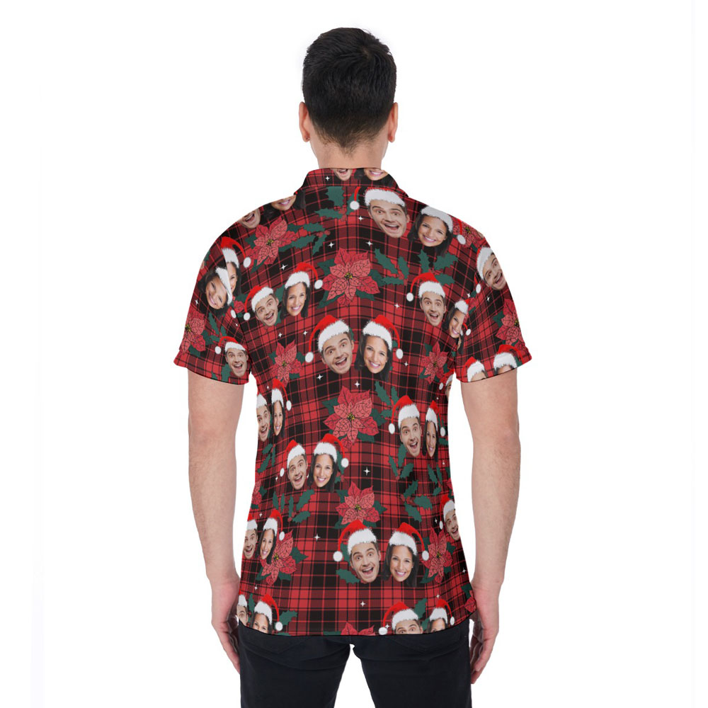 Funny Custom Multiple Faces Christmas Buffalo Plaid Hawaiian Polo Shirt