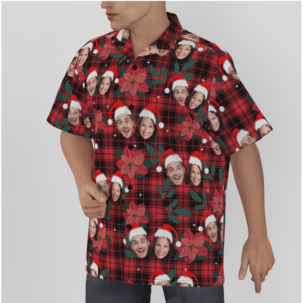 Funny Custom Christmas Buffalo Plaid Hawaiian Shirt With Couple Faces