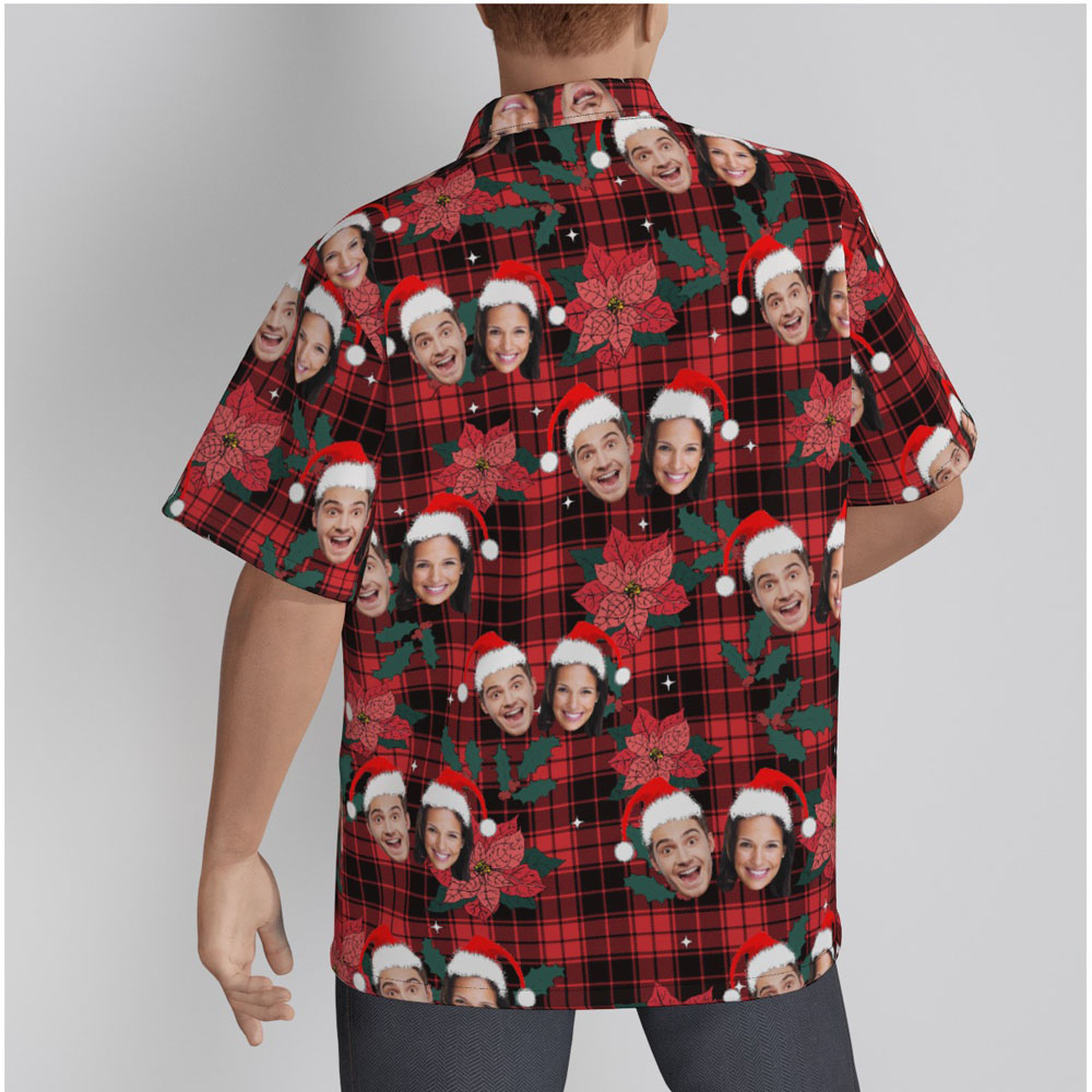 Funny Custom Christmas Buffalo Plaid Hawaiian Shirt With Couple Faces