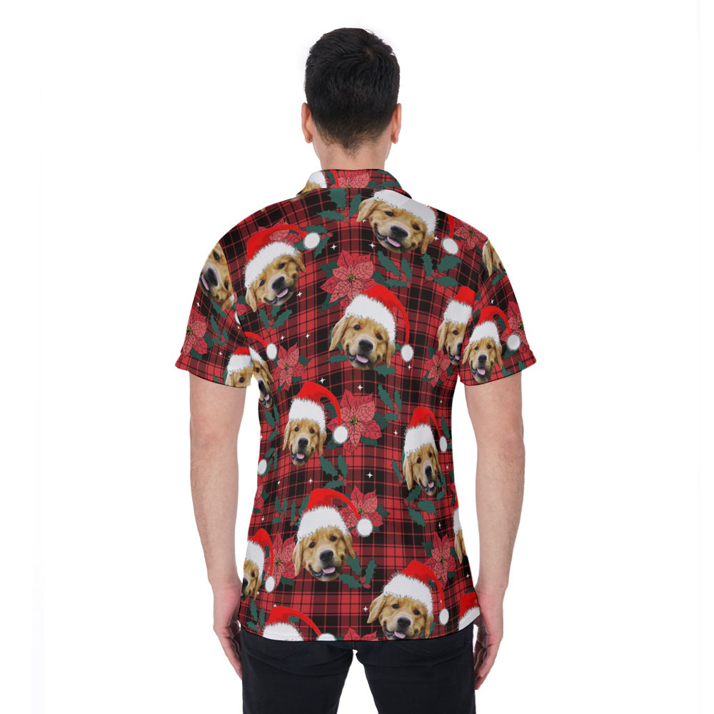 Buffalo Plaid Poinsettia Christmas Hawaiian Polo Shirt With Custom Dog Face