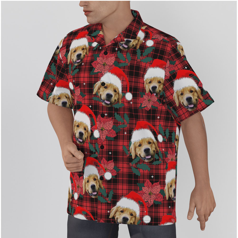 Funny Custom Dog Face Christmas Floral Buffalo Plaid Hawaiian Shirt