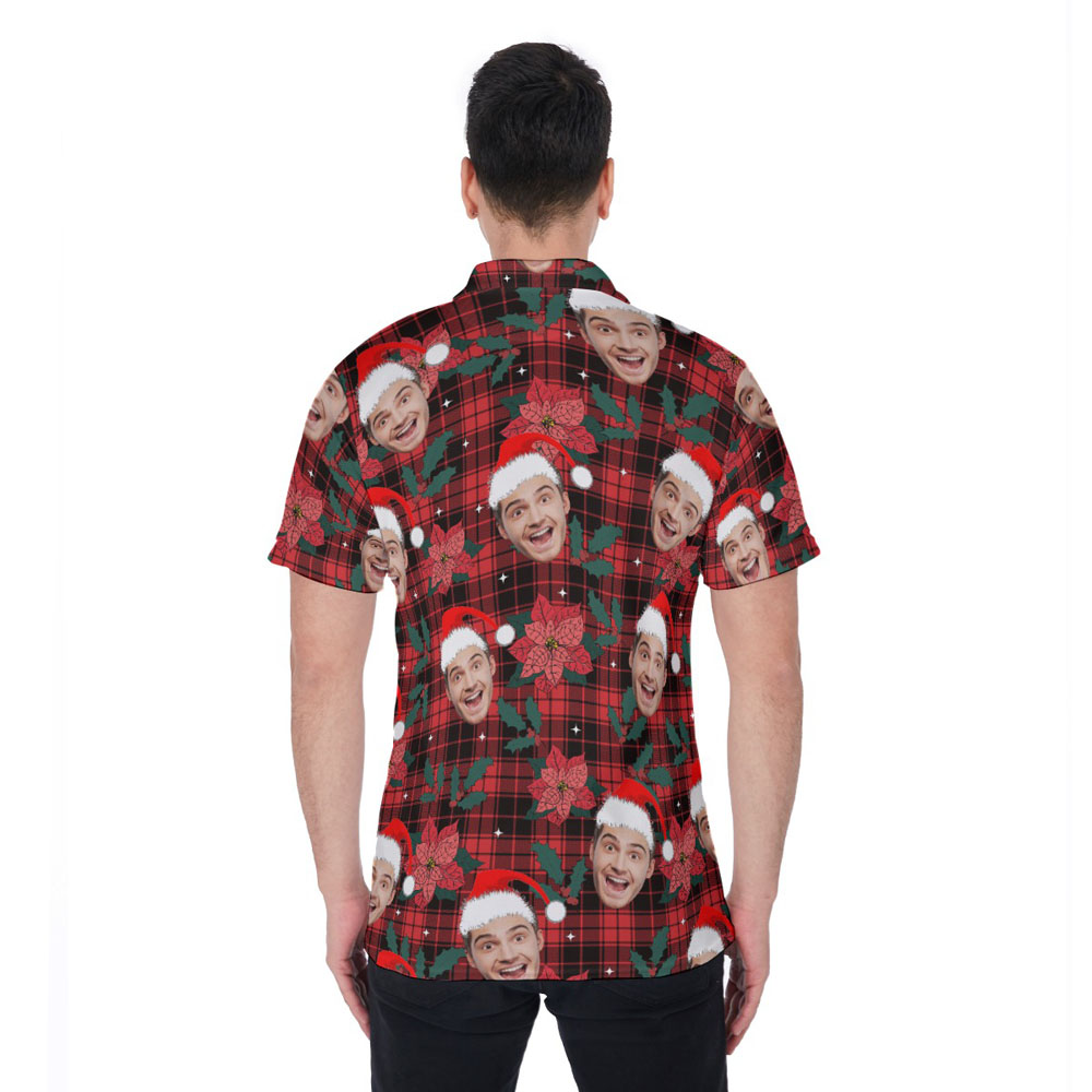 Funny Custom Face Floral Buffalo Plaid Christmas Hawaiian Polo Shirt
