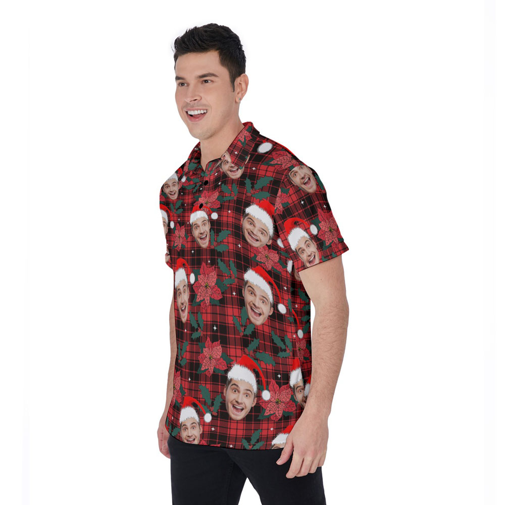 Funny Custom Face Floral Buffalo Plaid Christmas Hawaiian Polo Shirt