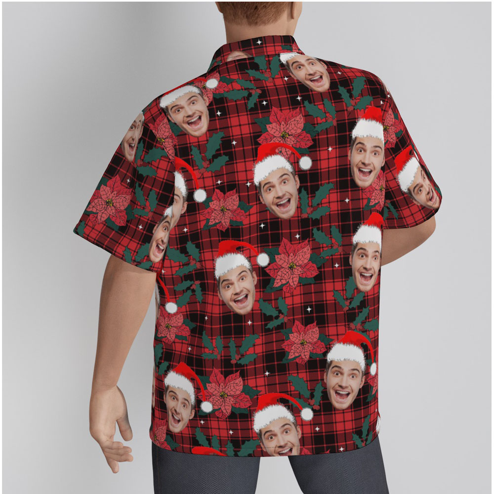 Custom Face Buffalo Plaid Poinsettia Red Christmas Hawaiian Shirt