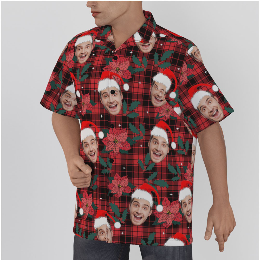 Custom Face Buffalo Plaid Poinsettia Red Christmas Hawaiian Shirt