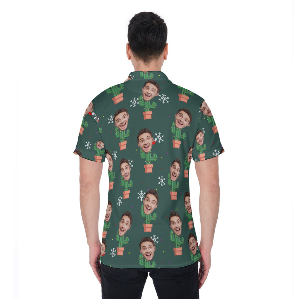Funny Custom Face Christmas Cactus Hawaiian Polo Shirt For Men