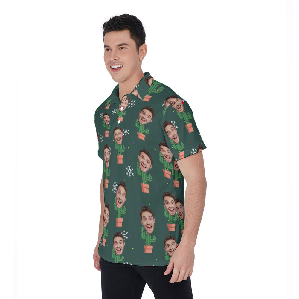 Funny Custom Face Christmas Cactus Hawaiian Polo Shirt For Men