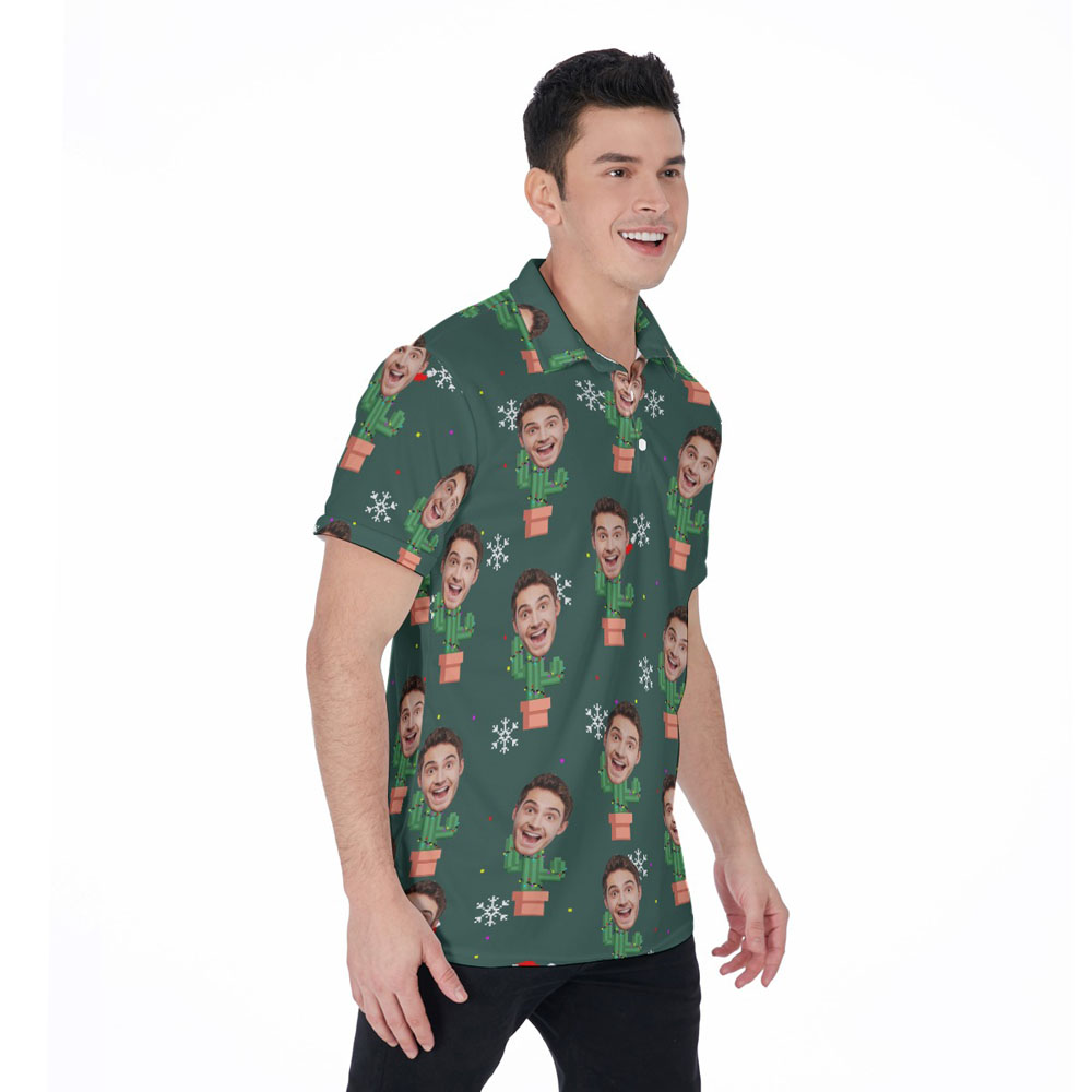 Funny Custom Face Christmas Cactus Hawaiian Polo Shirt For Men
