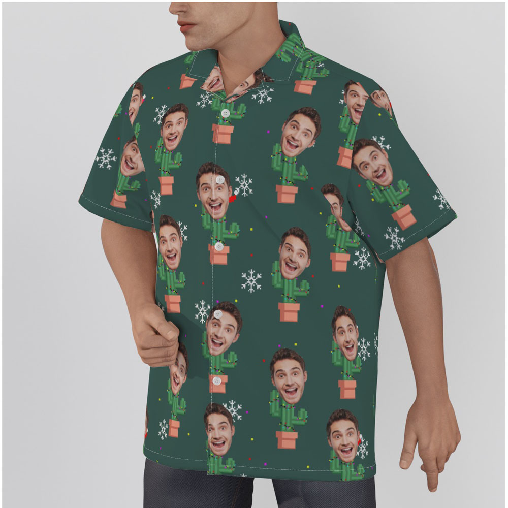 Custom Face Christmas Cactus Green Hawaiian Shirt