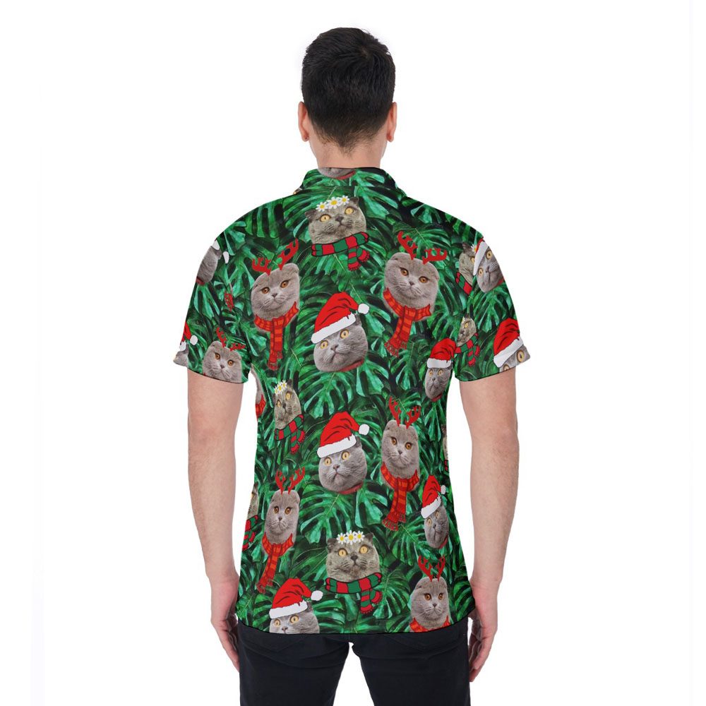 Funny Custom Cat Face Tropical Christmas Hawaiian Polo Shirt