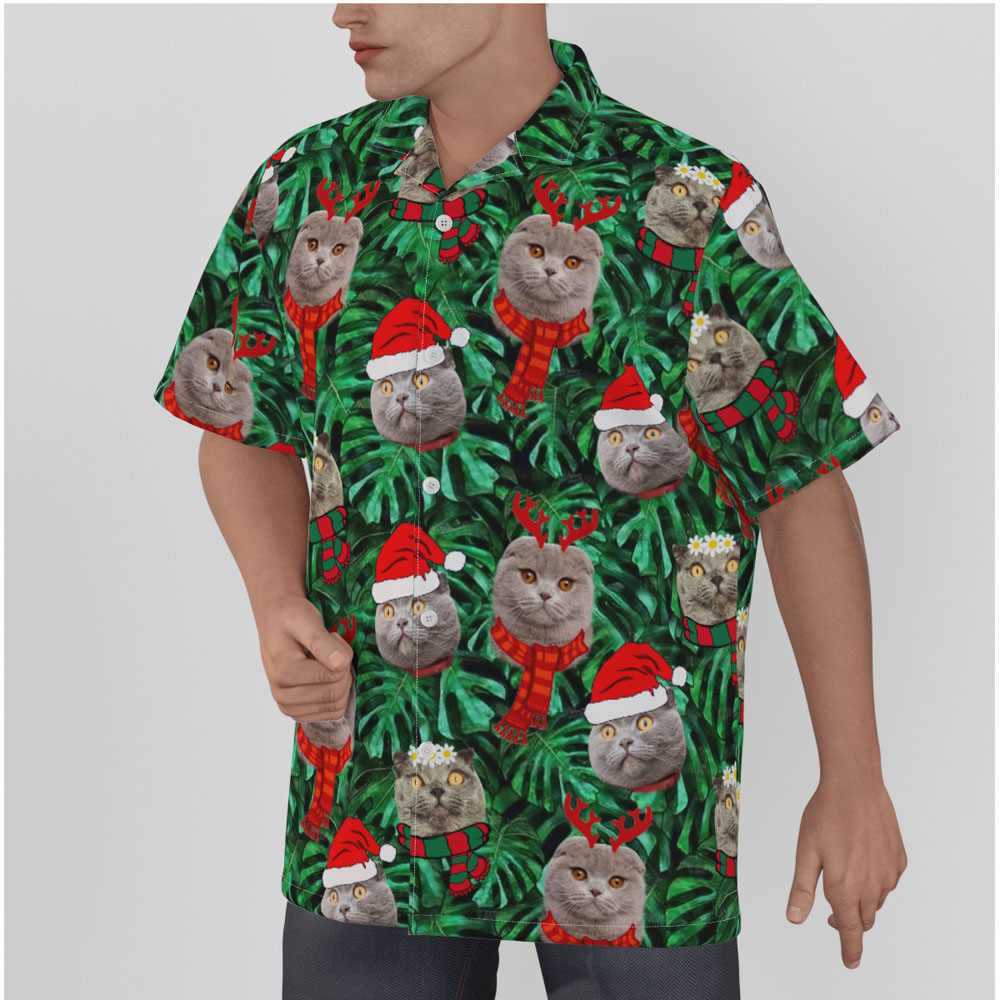Funny Christmas Hawaiian Shirt With Custom Cat Face