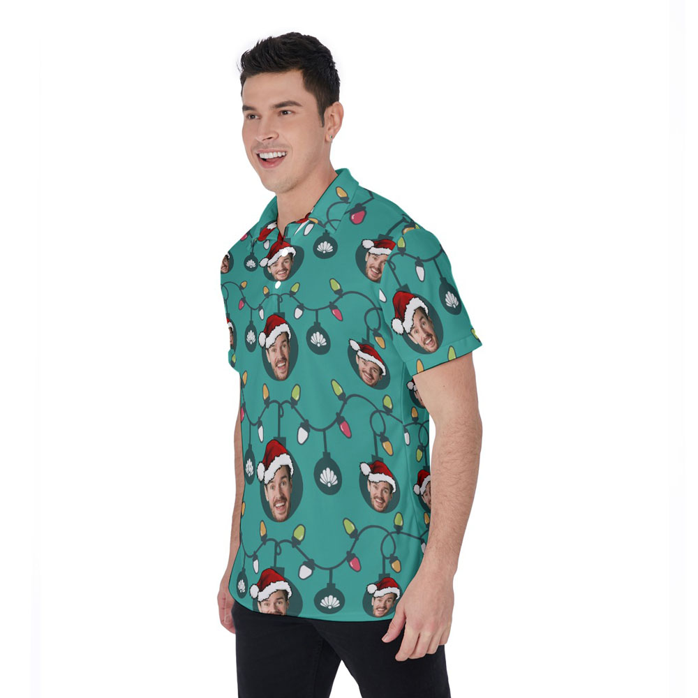 Funny Custom Face With Christmas Decorations Hawaiian Polo Shirt For Men