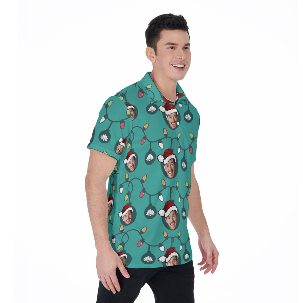 Funny Custom Face With Christmas Decorations Hawaiian Polo Shirt For Men