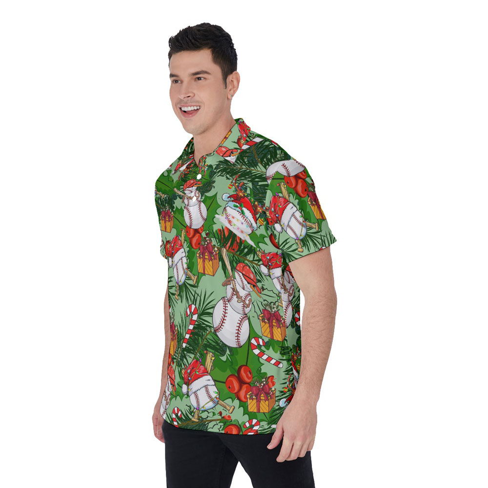 Funny Baseball Snowman Tropical Christmas Hawaiian Polo Shirt For Men