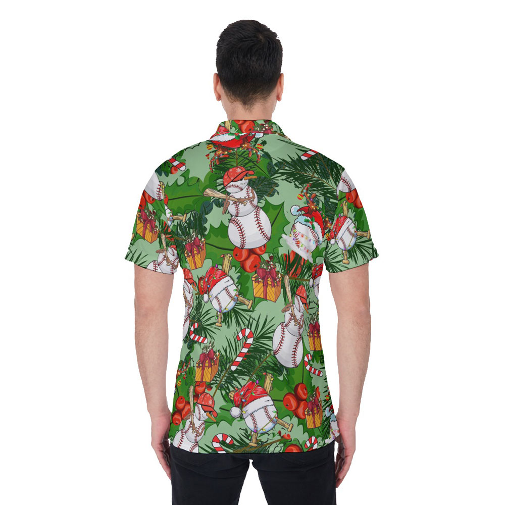 Funny Baseball Snowman Tropical Christmas Hawaiian Polo Shirt For Men